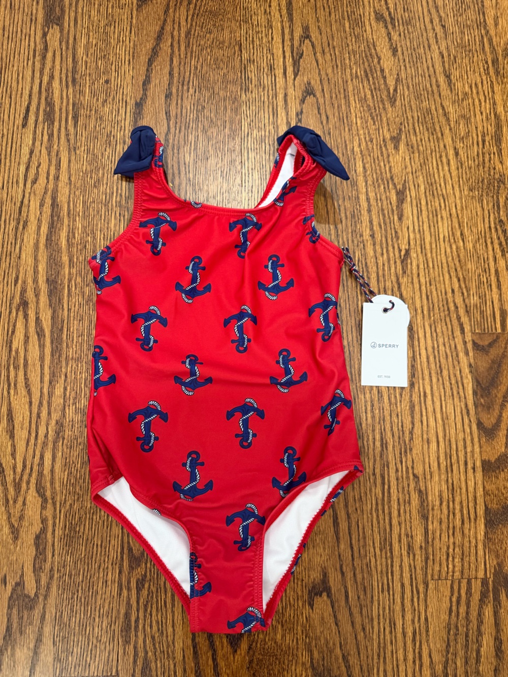 Sperry Red One-Piece Kids Swimsuit with Navy Anchor Print